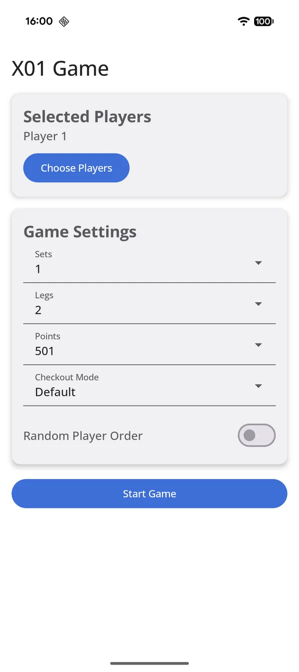 X01 game setup with players, sets, legs and points
