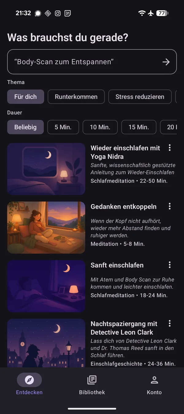 Schlafgeschichten und Schlafmeditationen im Nachtmodus
