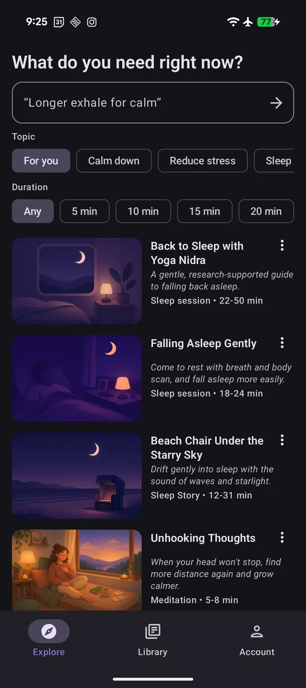 Sleep stories and sleep meditations in night mode